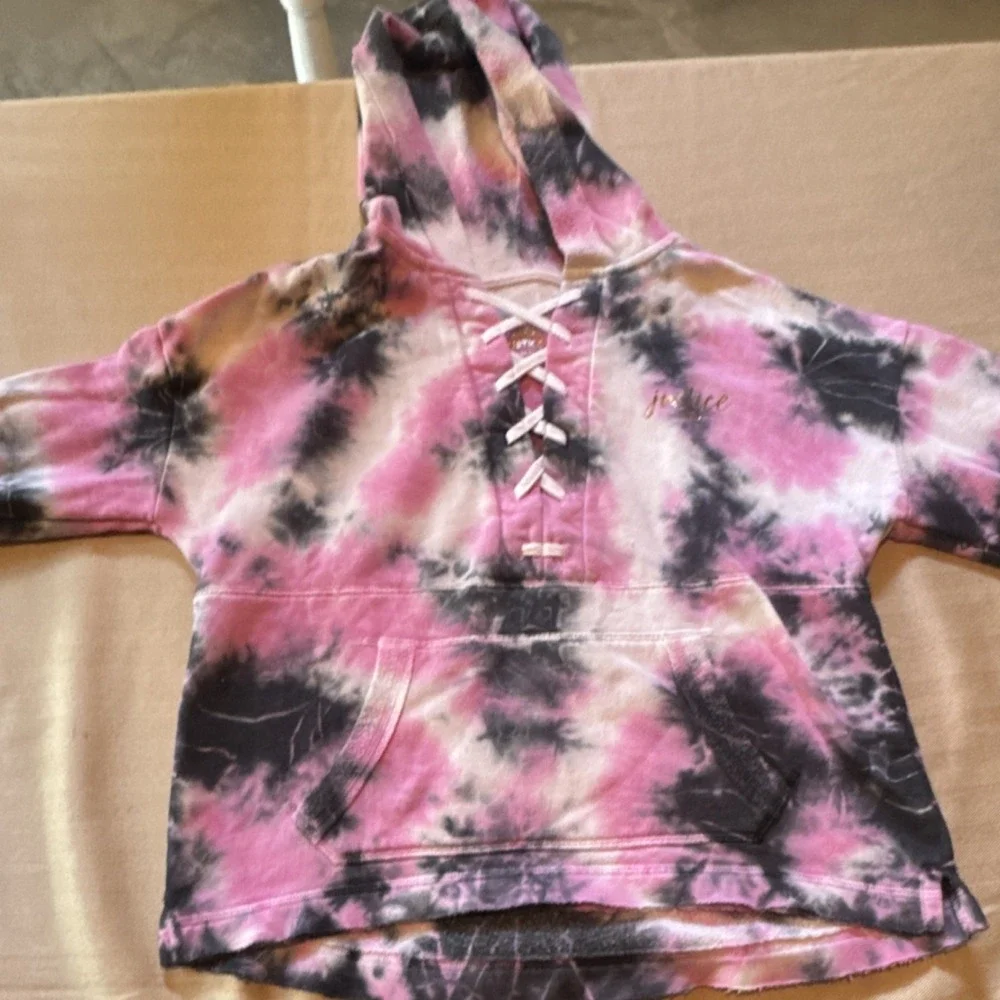 Justice Girls Tie-Dye Pullover Hoodie M Pink Purple Black Logo Glitter Fleece